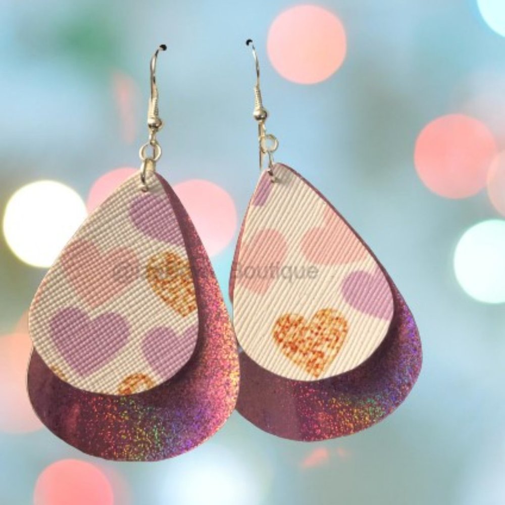 Hearts & Pink Metallic Double Layer Faux Leather Earring ER2631 Handmade NWT - Picture 3 of 3